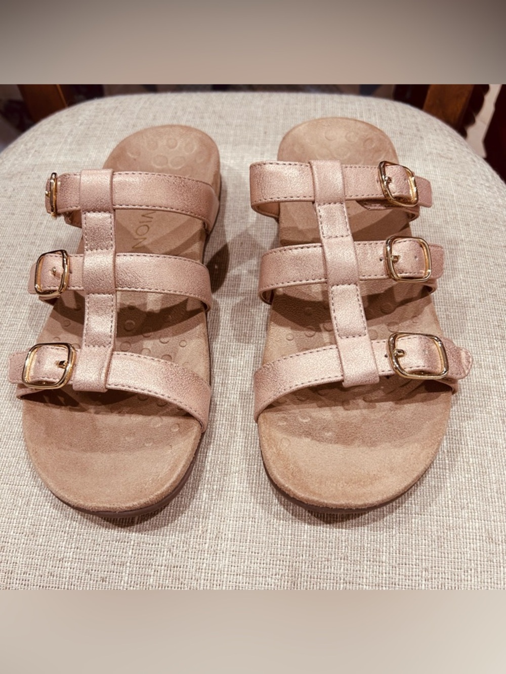 Vionic Triple-Buckle Slide Sandals in Rose Gold Metallic
